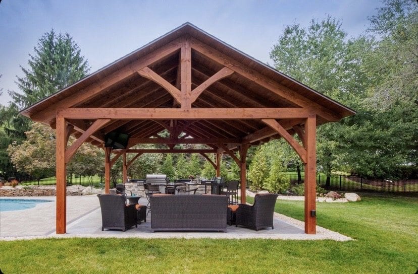 Custom timber pavilion with outdoor seating in Greater Boston